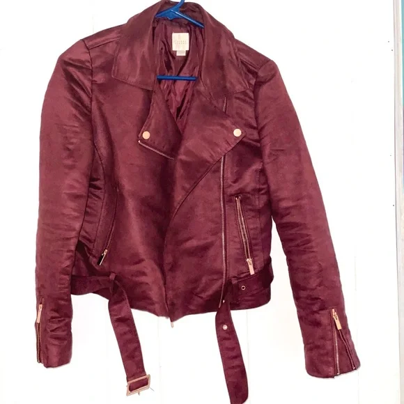 Women’s Lauren Conrad Runway Faux-suede Moto Jacket Burgundy Size 4 - Picture 7 of 8